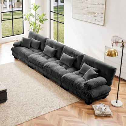Cloud Couch Sectional Sofa Living Room, Chenille 2 Seater Sofa with 2 Lumbar pillows and 2 throw pillows, Upholstered Wide Arm Sofa with Convertible Ottoman, Chenille White