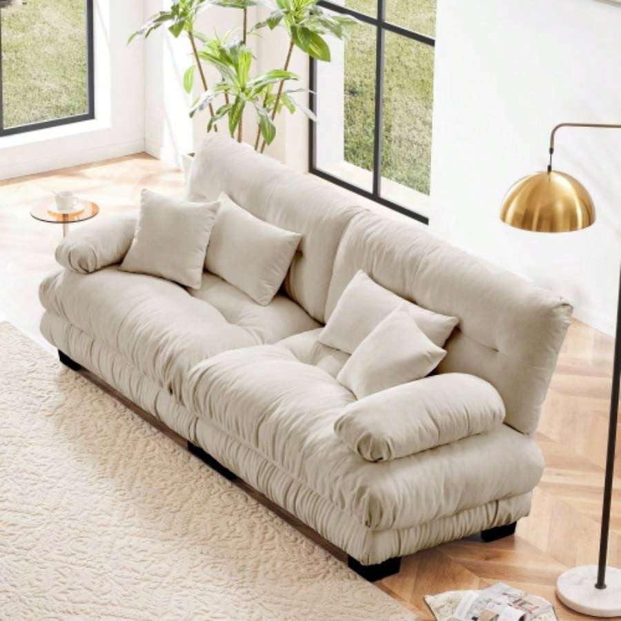Cloud Couch Sectional Sofa Living Room, Chenille 2 Seater Sofa with 2 Lumbar pillows and 2 throw pillows, Upholstered Wide Arm Sofa with Convertible Ottoman, Chenille White