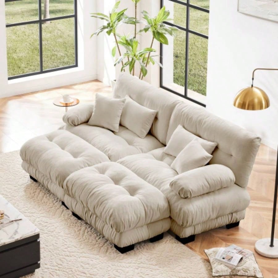 Cloud Couch Sectional Sofa Living Room, Chenille 2 Seater Sofa with 2 Lumbar pillows and 2 throw pillows, Upholstered Wide Arm Sofa with Convertible Ottoman, Chenille White