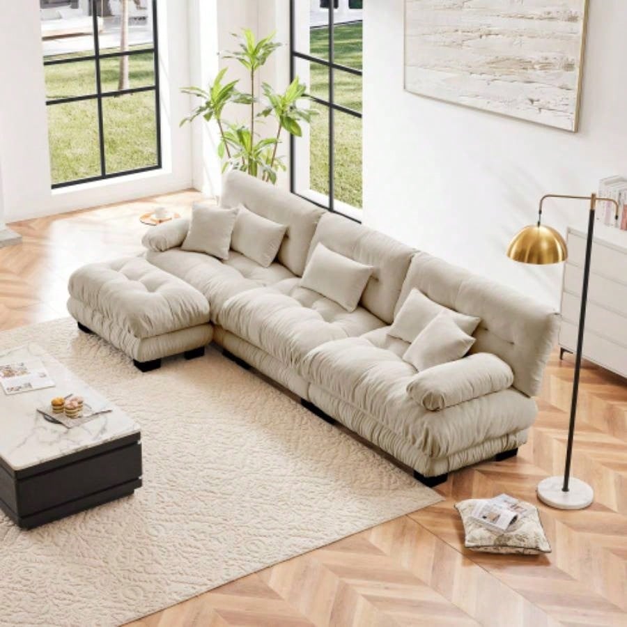 Cloud Couch Sectional Sofa Living Room, Chenille 2 Seater Sofa with 2 Lumbar pillows and 2 throw pillows, Upholstered Wide Arm Sofa with Convertible Ottoman, Chenille White