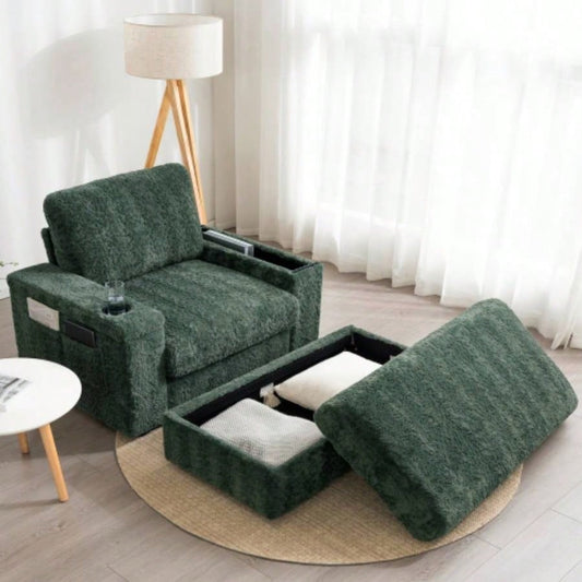 Video42 Oversized Chaise Lounge Indoor, Faux Rabbit Fur Sofa Bed with Storage Ottoman and Armrests, Cup Holders, Upholstered Sleeper Chair, Reading Couch with Deep Living Room, Bedroom, 4 Colors