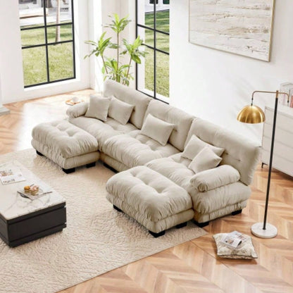 Cloud Couch Sectional Sofa Living Room, Chenille 2 Seater Sofa with 2 Lumbar pillows and 2 throw pillows, Upholstered Wide Arm Sofa with Convertible Ottoman, Chenille White