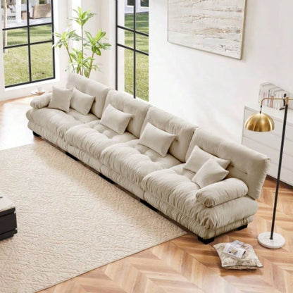 Cloud Couch Sectional Sofa Living Room, Chenille 2 Seater Sofa with 2 Lumbar pillows and 2 throw pillows, Upholstered Wide Arm Sofa with Convertible Ottoman, Chenille White