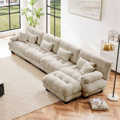 Cloud Couch Sectional Sofa Living Room, Chenille 2 Seater Sofa with 2 Lumbar pillows and 2 throw pillows, Upholstered Wide Arm Sofa with Convertible Ottoman, Chenille White