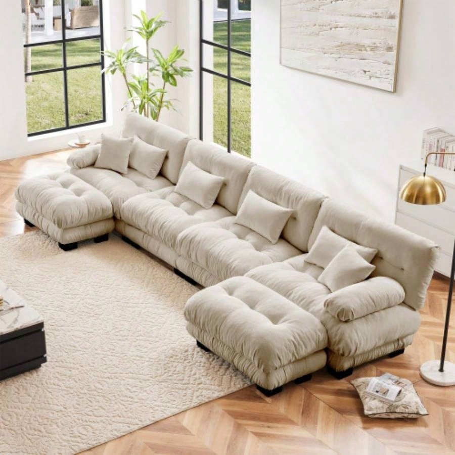 Cloud Couch Sectional Sofa Living Room, Chenille 2 Seater Sofa with 2 Lumbar pillows and 2 throw pillows, Upholstered Wide Arm Sofa with Convertible Ottoman, Chenille White