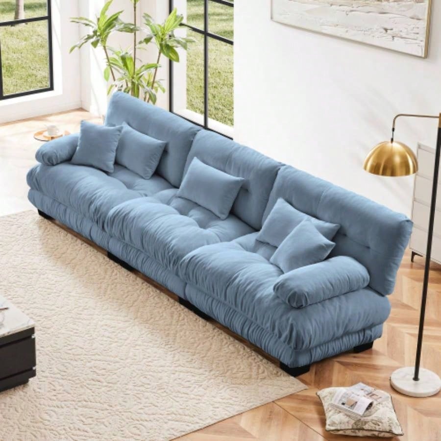 Cloud Couch Sectional Sofa Living Room, Chenille 2 Seater Sofa with 2 Lumbar pillows and 2 throw pillows, Upholstered Wide Arm Sofa with Convertible Ottoman, Chenille White
