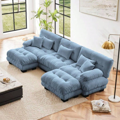 Cloud Couch Sectional Sofa Living Room, Chenille 2 Seater Sofa with 2 Lumbar pillows and 2 throw pillows, Upholstered Wide Arm Sofa with Convertible Ottoman, Chenille White