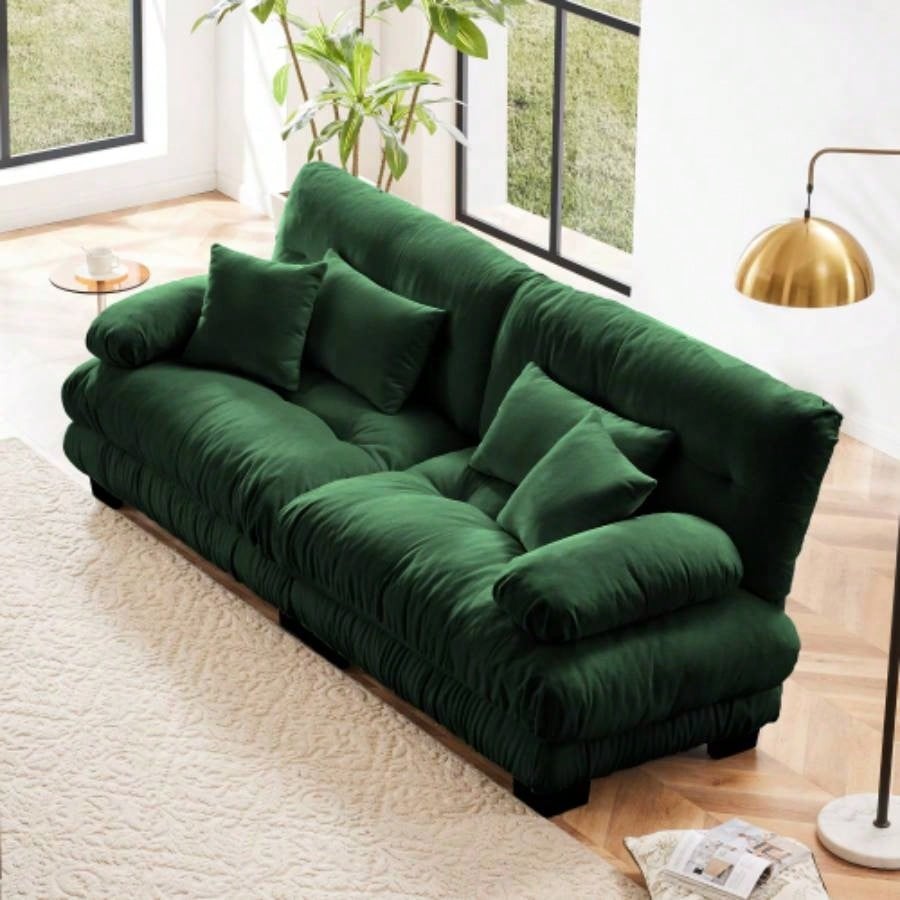 Cloud Couch Sectional Sofa Living Room, Chenille 2 Seater Sofa with 2 Lumbar pillows and 2 throw pillows, Upholstered Wide Arm Sofa with Convertible Ottoman, Chenille White