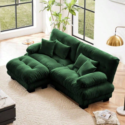 Cloud Couch Sectional Sofa Living Room, Chenille 2 Seater Sofa with 2 Lumbar pillows and 2 throw pillows, Upholstered Wide Arm Sofa with Convertible Ottoman, Chenille White