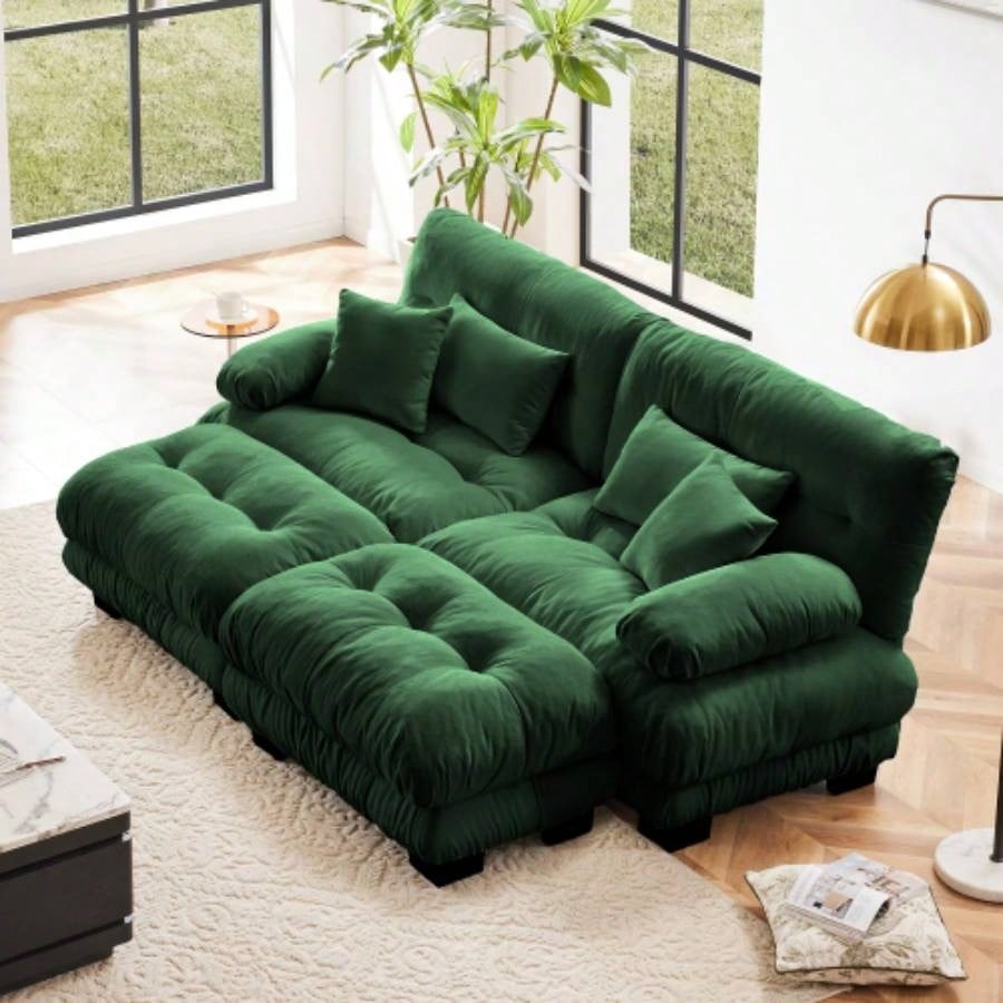 Cloud Couch Sectional Sofa Living Room, Chenille 2 Seater Sofa with 2 Lumbar pillows and 2 throw pillows, Upholstered Wide Arm Sofa with Convertible Ottoman, Chenille White