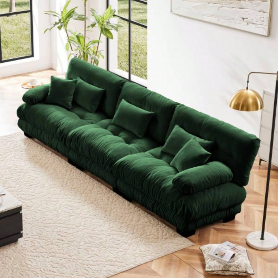 Cloud Couch Sectional Sofa Living Room, Chenille 2 Seater Sofa with 2 Lumbar pillows and 2 throw pillows, Upholstered Wide Arm Sofa with Convertible Ottoman, Chenille White