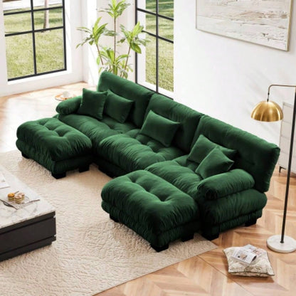 Cloud Couch Sectional Sofa Living Room, Chenille 2 Seater Sofa with 2 Lumbar pillows and 2 throw pillows, Upholstered Wide Arm Sofa with Convertible Ottoman, Chenille White