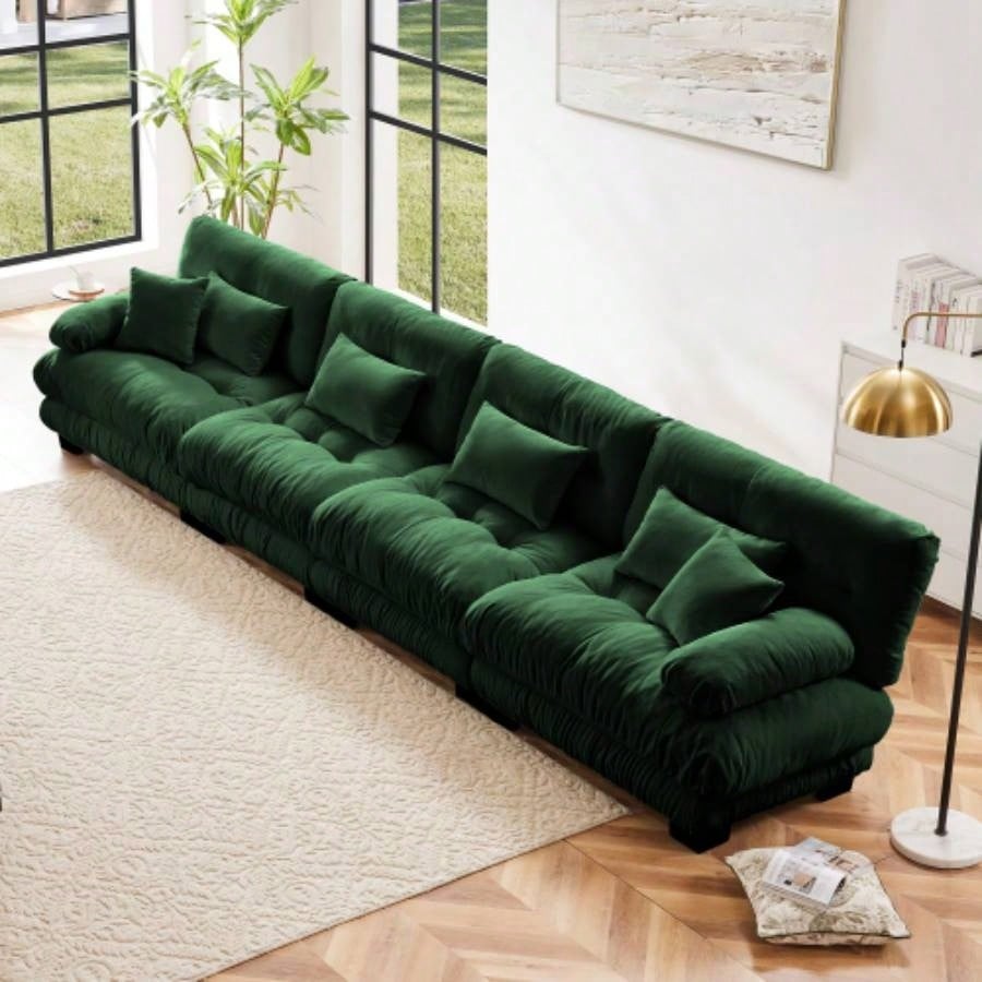 Cloud Couch Sectional Sofa Living Room, Chenille 2 Seater Sofa with 2 Lumbar pillows and 2 throw pillows, Upholstered Wide Arm Sofa with Convertible Ottoman, Chenille White