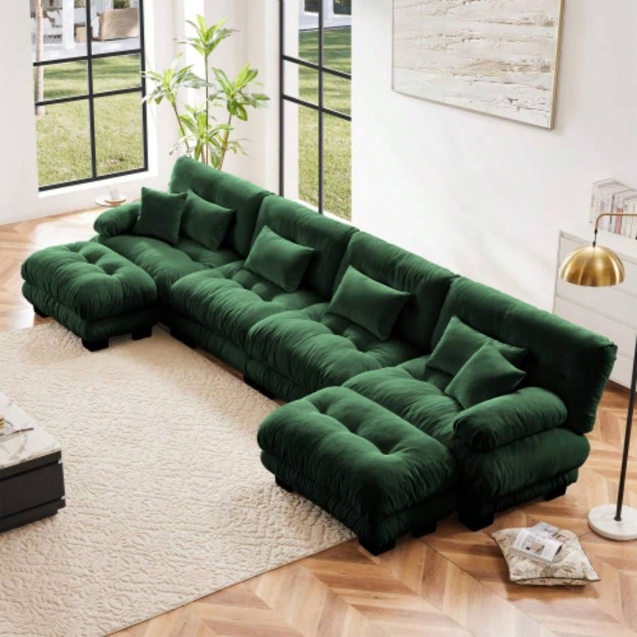 Cloud Couch Sectional Sofa Living Room, Chenille 2 Seater Sofa with 2 Lumbar pillows and 2 throw pillows, Upholstered Wide Arm Sofa with Convertible Ottoman, Chenille White