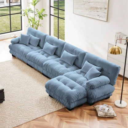 Cloud Couch Sectional Sofa Living Room, Chenille 2 Seater Sofa with 2 Lumbar pillows and 2 throw pillows, Upholstered Wide Arm Sofa with Convertible Ottoman, Chenille White