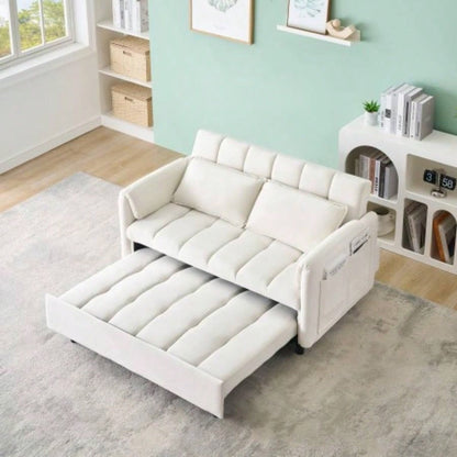 52 beige modern velvet sofa, sofa pullout bed, small love casual sofa with back, pillow, pockets, living room furniture, 3 in 1 convertible sleep sofa bed.