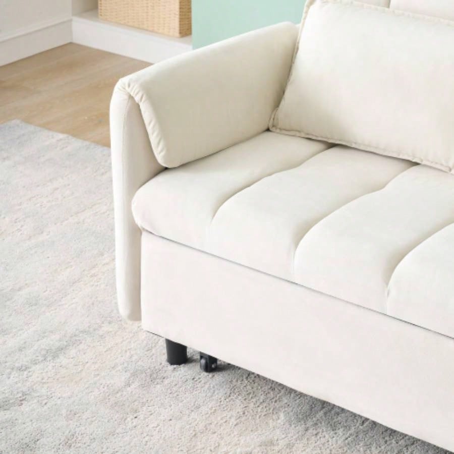 52 beige modern velvet sofa, sofa pullout bed, small love casual sofa with back, pillow, pockets, living room furniture, 3 in 1 convertible sleep sofa bed.
