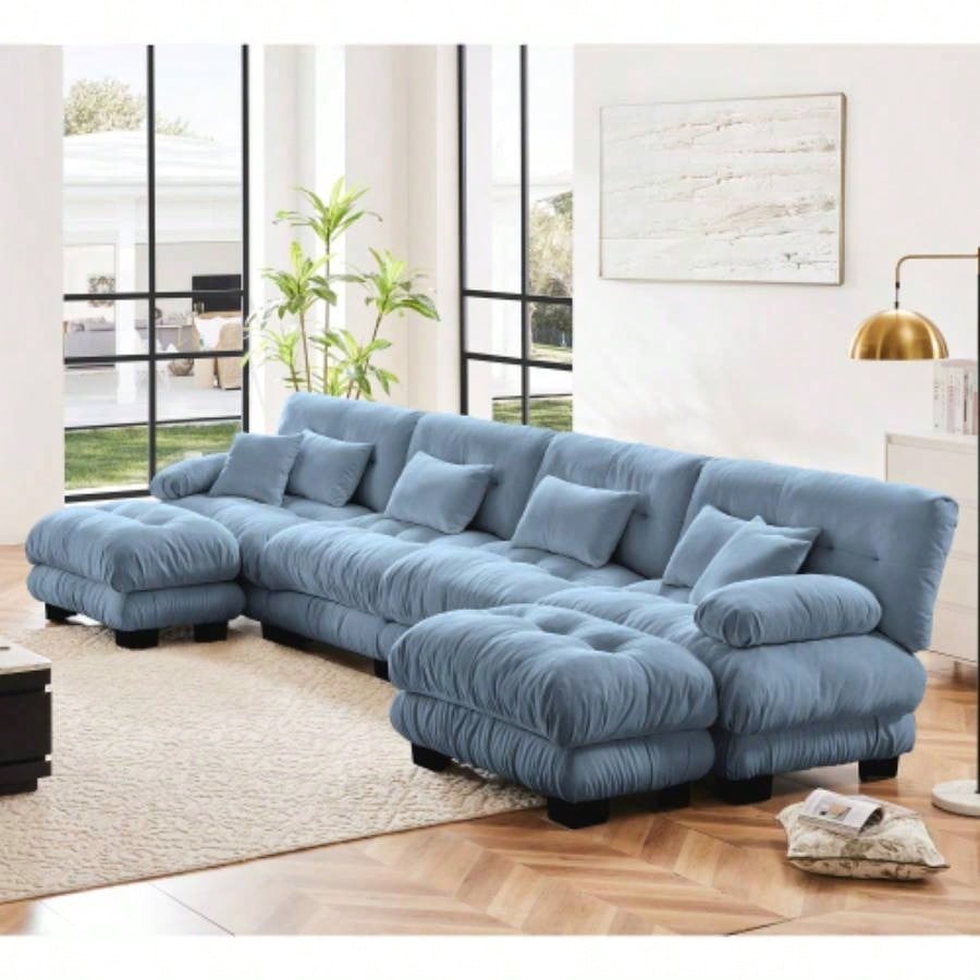 Cloud Couch Sectional Sofa Living Room, Chenille 2 Seater Sofa with 2 Lumbar pillows and 2 throw pillows, Upholstered Wide Arm Sofa with Convertible Ottoman, Chenille White