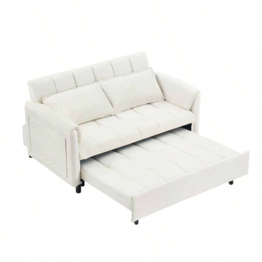 52 beige modern velvet sofa, sofa pullout bed, small love casual sofa with back, pillow, pockets, living room furniture, 3 in 1 convertible sleep sofa bed.