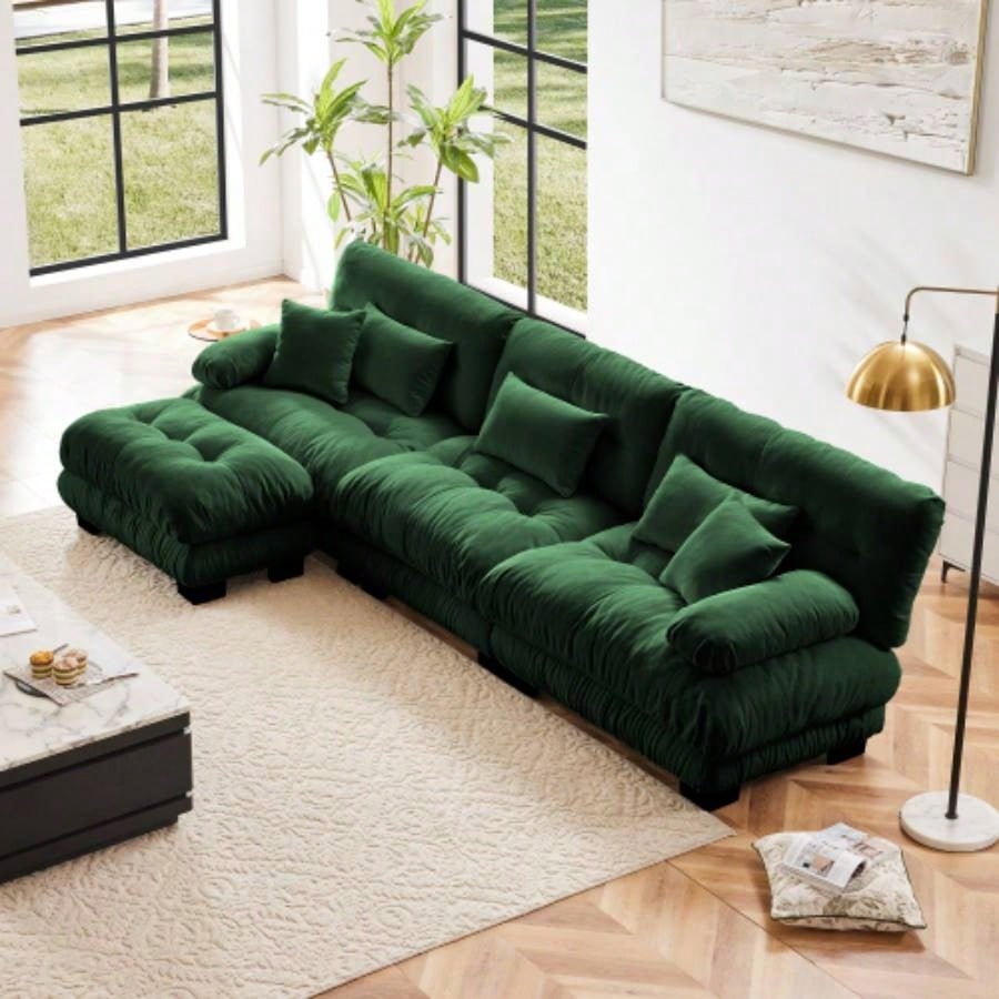 Cloud Couch Sectional Sofa Living Room, Chenille 2 Seater Sofa with 2 Lumbar pillows and 2 throw pillows, Upholstered Wide Arm Sofa with Convertible Ottoman, Chenille White