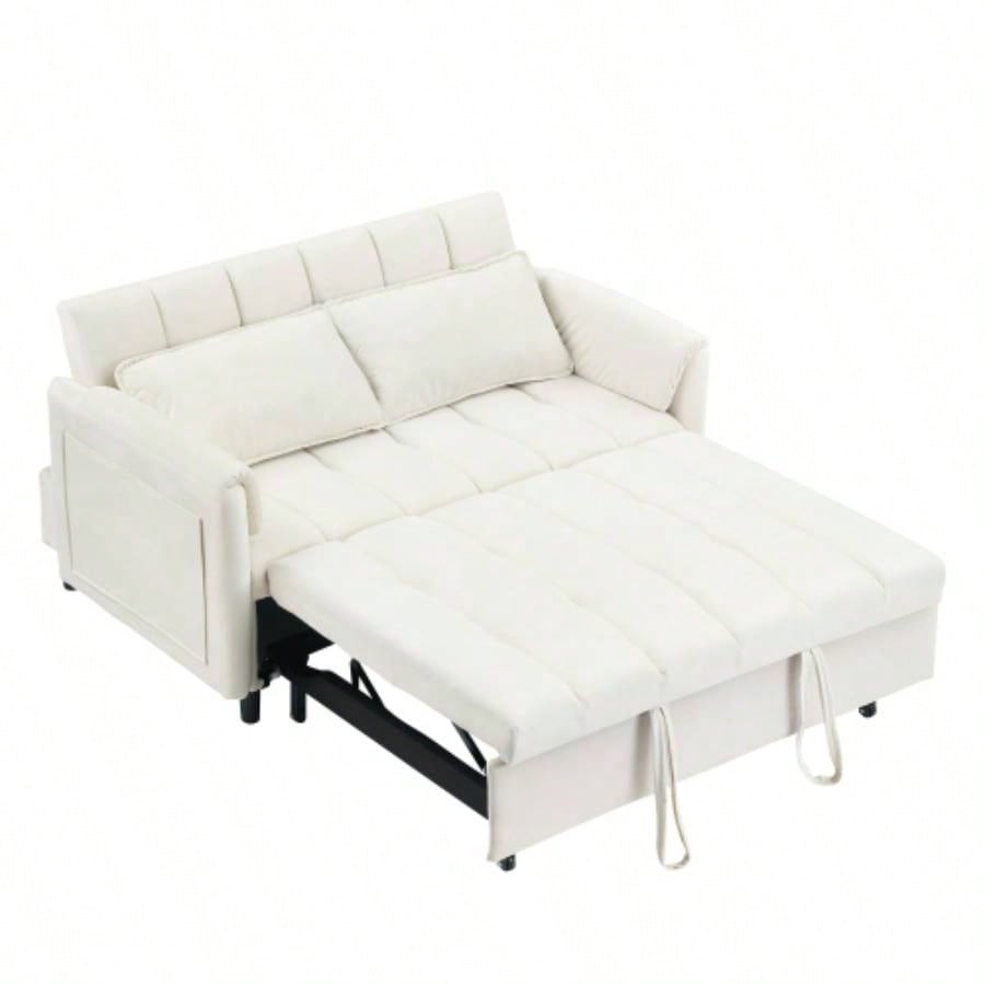 52 beige modern velvet sofa, sofa pullout bed, small love casual sofa with back, pillow, pockets, living room furniture, 3 in 1 convertible sleep sofa bed.