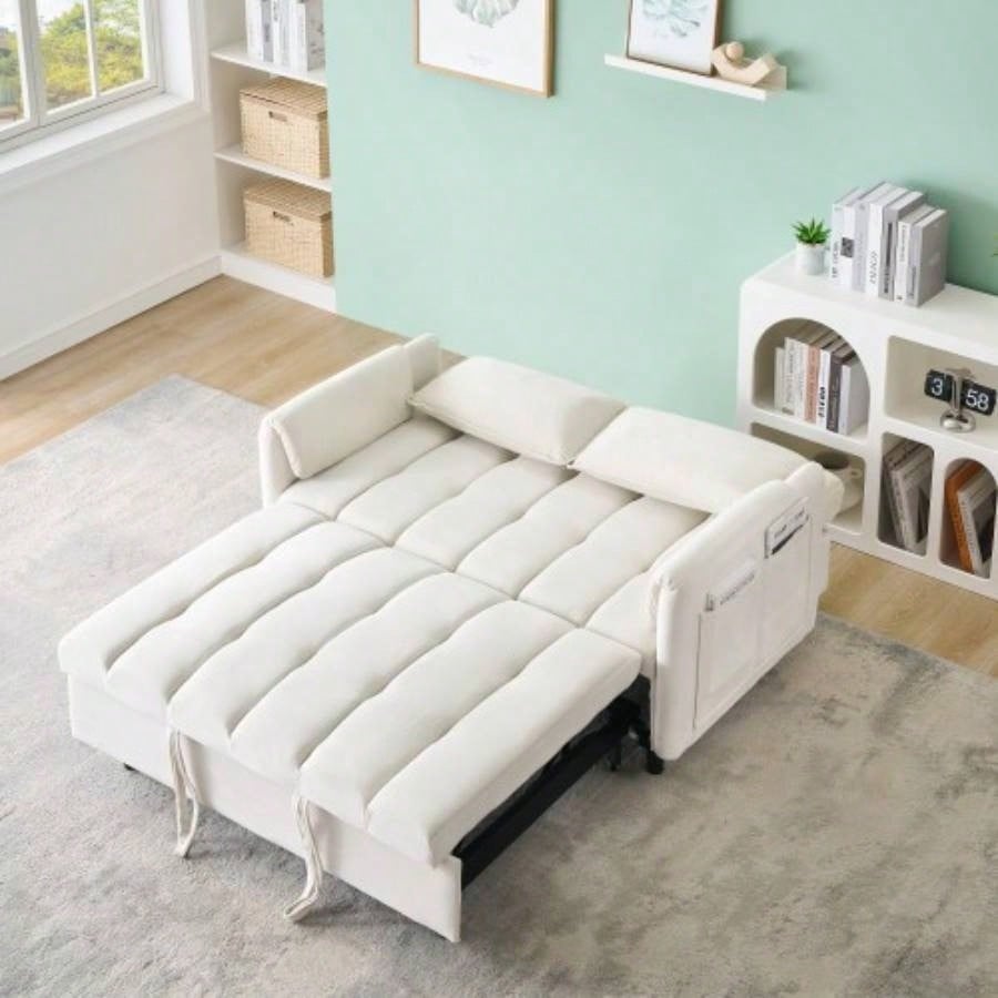 52 beige modern velvet sofa, sofa pullout bed, small love casual sofa with back, pillow, pockets, living room furniture, 3 in 1 convertible sleep sofa bed.