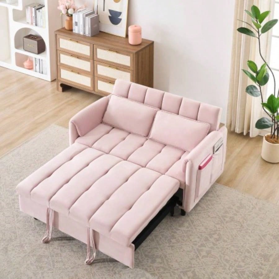 52 beige modern velvet sofa, sofa pullout bed, small love casual sofa with back, pillow, pockets, living room furniture, 3 in 1 convertible sleep sofa bed.