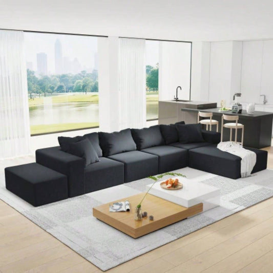 Modern Upholstered Sectional Sofa Couch Set, Modular 132 L Shaped Sectional Living Room Sofa Set With 6 Pillows, Combination Sofa Couch Living Room, Bedroom