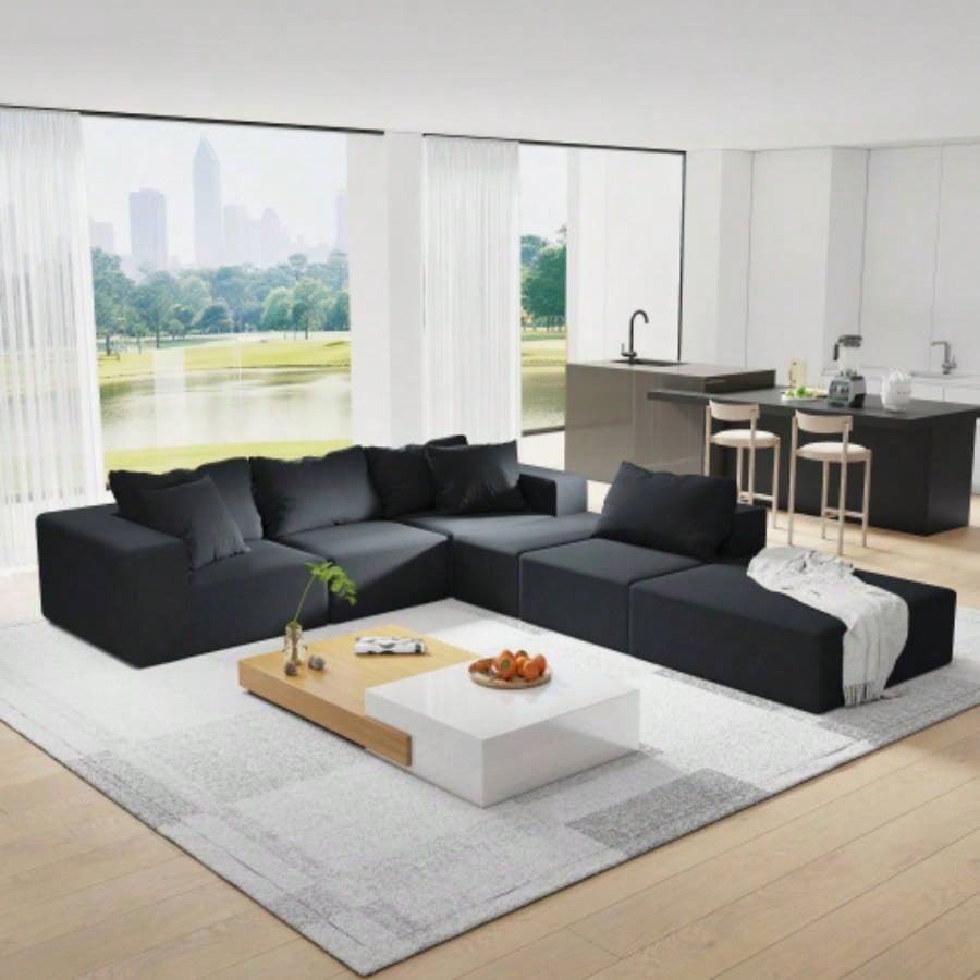 Modern Upholstered Sectional Sofa Couch Set, Modular 132 L Shaped Sectional Living Room Sofa Set With 6 Pillows, Combination Sofa Couch Living Room, Bedroom
