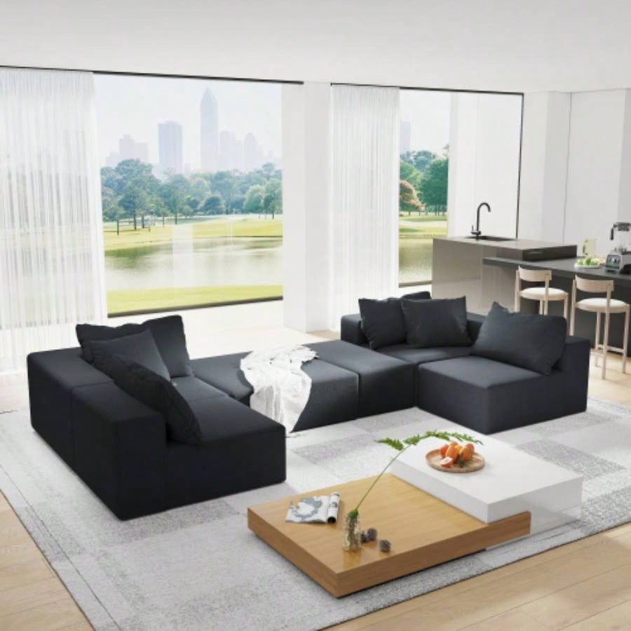Modern Upholstered Sectional Sofa Couch Set, Modular 132 L Shaped Sectional Living Room Sofa Set With 6 Pillows, Combination Sofa Couch Living Room, Bedroom