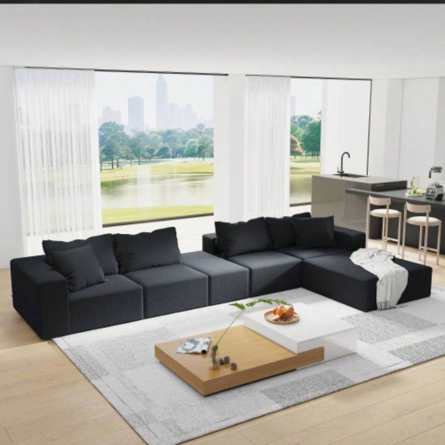 Modern Upholstered Sectional Sofa Couch Set, Modular 132 L Shaped Sectional Living Room Sofa Set With 6 Pillows, Combination Sofa Couch Living Room, Bedroom