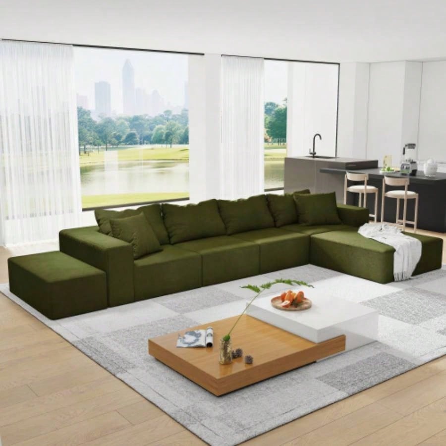 Modern Upholstered Sectional Sofa Couch Set, Modular 132 L Shaped Sectional Living Room Sofa Set With 6 Pillows, Combination Sofa Couch Living Room, Bedroom