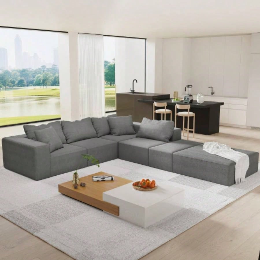 Modern Upholstered Sectional Sofa Couch Set, Modular 132 L Shaped Sectional Living Room Sofa Set With 6 Pillows, Combination Sofa Couch Living Room, Bedroom