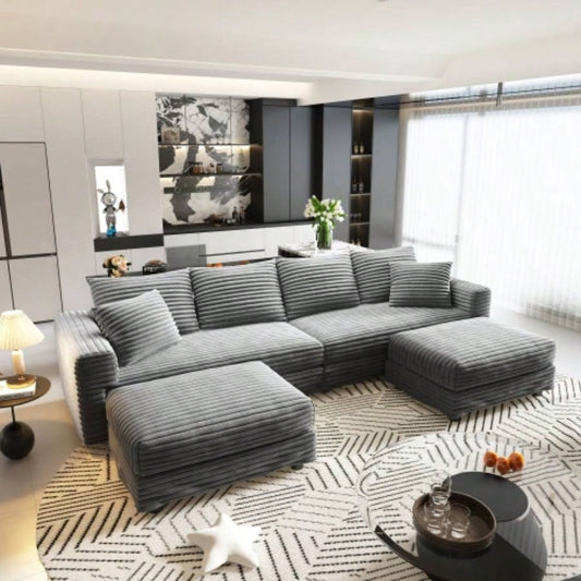 102.4 Plush Corduroy 4 - Sofa, Modern Comfy Upholstered Sofa Cloud Couch, Deep Couches with Soft Pillows and 2 Ottomans, Convertible Sofa Lounge Chair, Living Room, Apartment, Office,