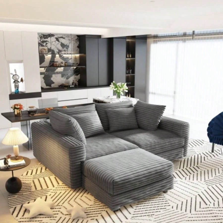 102.4 Plush Corduroy 4 - Sofa, Modern Comfy Upholstered Sofa Cloud Couch, Deep Couches with Soft Pillows and 2 Ottomans, Convertible Sofa Lounge Chair, Living Room, Apartment, Office,
