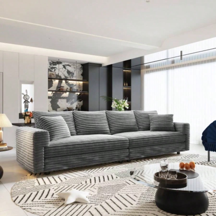 102.4 Plush Corduroy 4 - Sofa, Modern Comfy Upholstered Sofa Cloud Couch, Deep Couches with Soft Pillows and 2 Ottomans, Convertible Sofa Lounge Chair, Living Room, Apartment, Office,