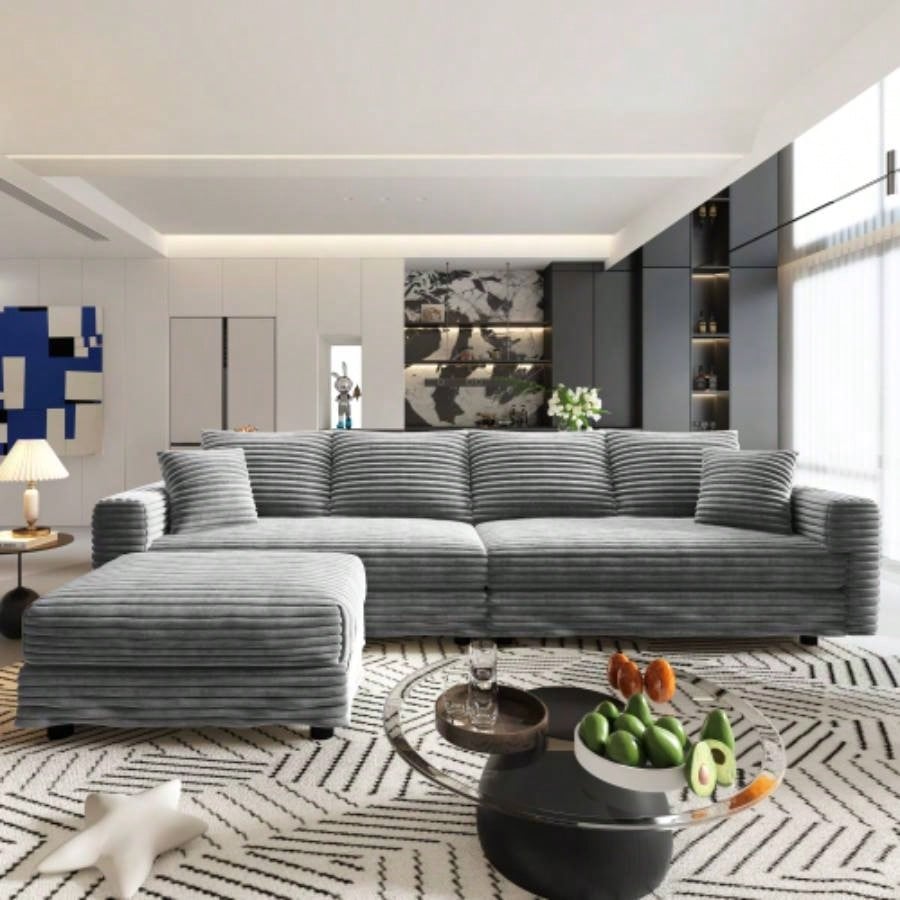 102.4 Plush Corduroy 4 - Sofa, Modern Comfy Upholstered Sofa Cloud Couch, Deep Couches with Soft Pillows and 2 Ottomans, Convertible Sofa Lounge Chair, Living Room, Apartment, Office,
