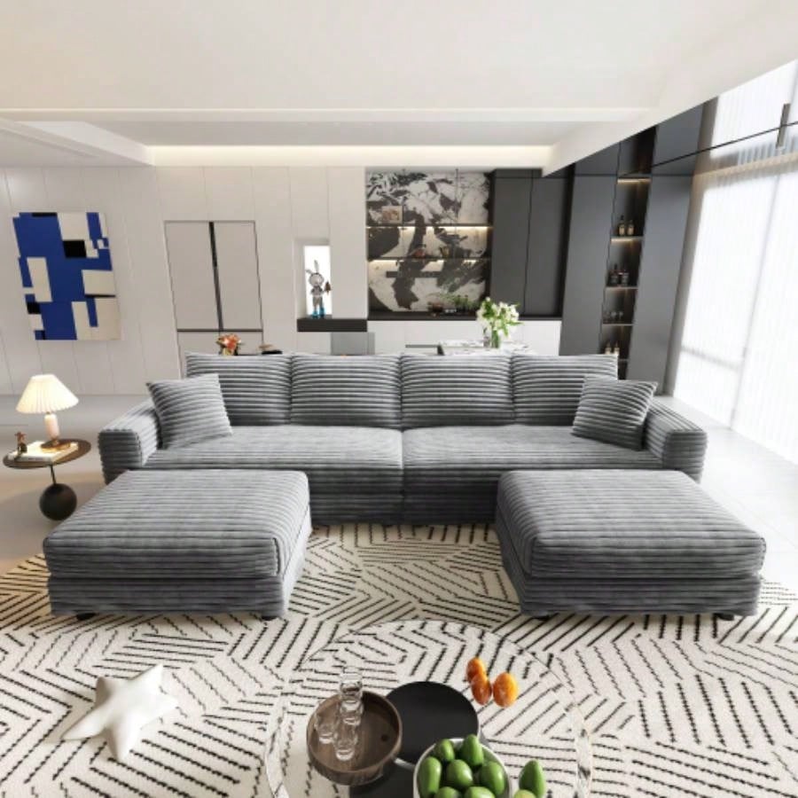 102.4 Plush Corduroy 4 - Sofa, Modern Comfy Upholstered Sofa Cloud Couch, Deep Couches with Soft Pillows and 2 Ottomans, Convertible Sofa Lounge Chair, Living Room, Apartment, Office,