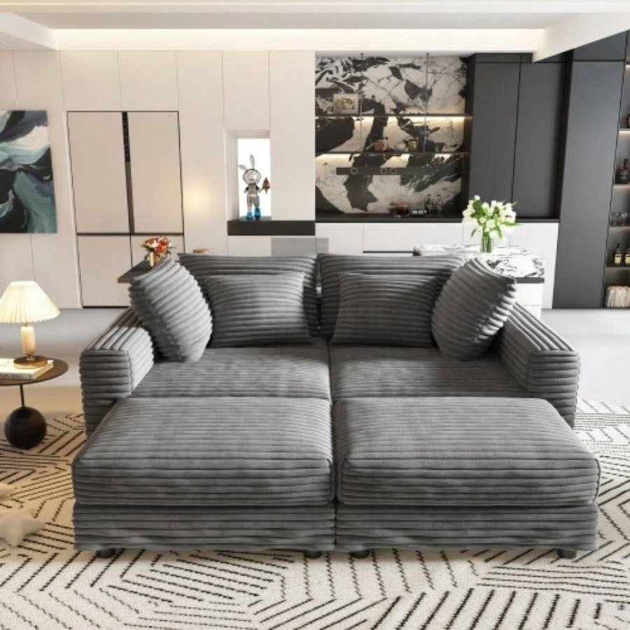 102.4 Plush Corduroy 4 - Sofa, Modern Comfy Upholstered Sofa Cloud Couch, Deep Couches with Soft Pillows and 2 Ottomans, Convertible Sofa Lounge Chair, Living Room, Apartment, Office,