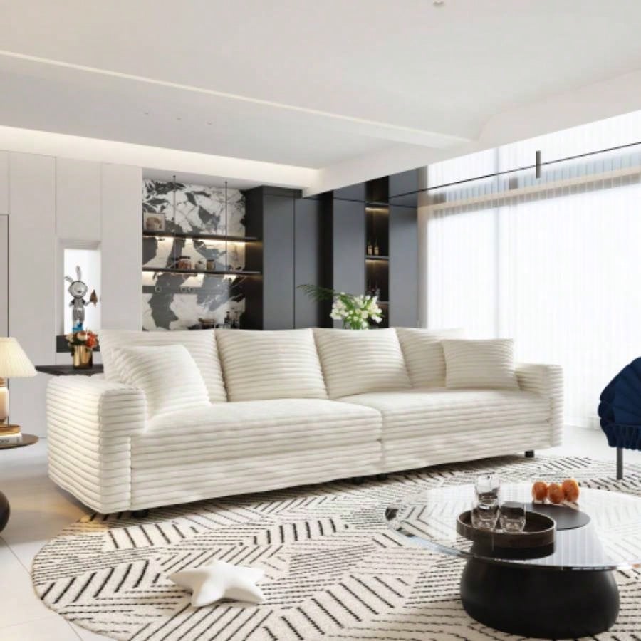 102.4 Plush Corduroy 4 - Sofa, Modern Comfy Upholstered Sofa Cloud Couch, Deep Couches with Soft Pillows and 2 Ottomans, Convertible Sofa Lounge Chair, Living Room, Apartment, Office,