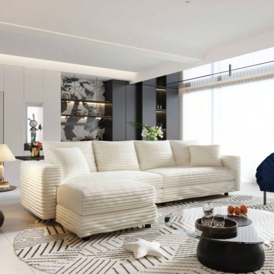 102.4 Plush Corduroy 4 - Sofa, Modern Comfy Upholstered Sofa Cloud Couch, Deep Couches with Soft Pillows and 2 Ottomans, Convertible Sofa Lounge Chair, Living Room, Apartment, Office,