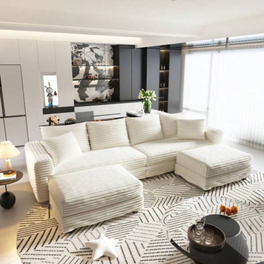 102.4 Plush Corduroy 4 - Sofa, Modern Comfy Upholstered Sofa Cloud Couch, Deep Couches with Soft Pillows and 2 Ottomans, Convertible Sofa Lounge Chair, Living Room, Apartment, Office,