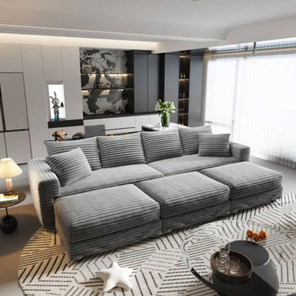 102.4 Plush Corduroy 4 - Sofa, Modern Comfy Upholstered Sofa Cloud Couch, Deep Couches with Soft Pillows and 2 Ottomans, Convertible Sofa Lounge Chair, Living Room, Apartment, Office,