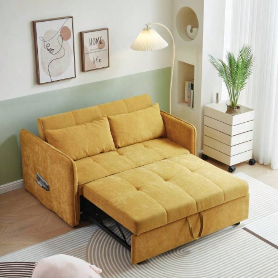 VIDEO providedChenille fabric pull - out sofa bed, sleeper loveseat couch with adjustable armrests - Yellow
