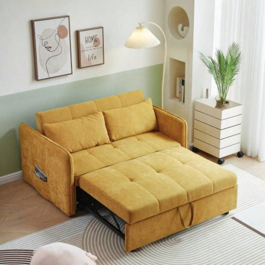 VIDEO providedChenille fabric pull - out sofa bed, sleeper loveseat couch with adjustable armrests - Yellow