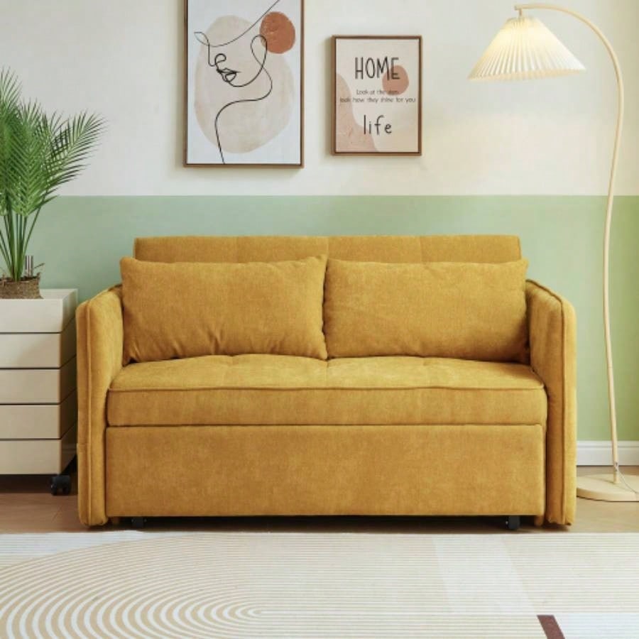 VIDEO providedChenille fabric pull - out sofa bed, sleeper loveseat couch with adjustable armrests - Yellow