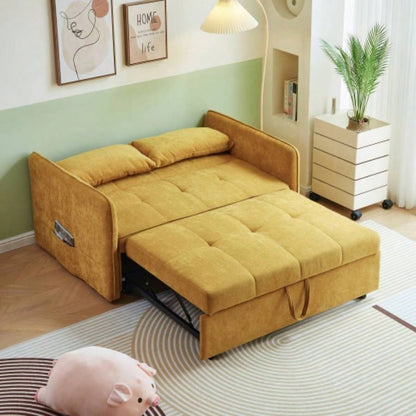 VIDEO providedChenille fabric pull - out sofa bed, sleeper loveseat couch with adjustable armrests - Yellow