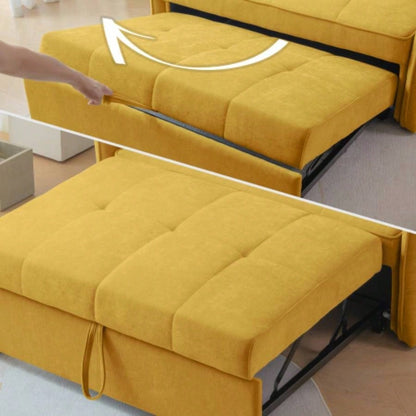 VIDEO providedChenille fabric pull - out sofa bed, sleeper loveseat couch with adjustable armrests - Yellow
