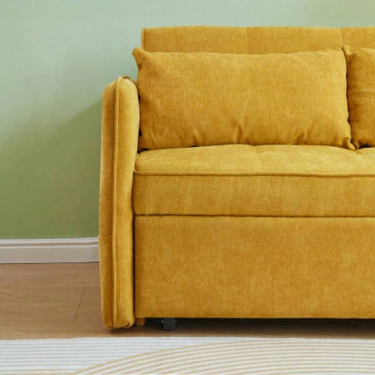 VIDEO providedChenille fabric pull - out sofa bed, sleeper loveseat couch with adjustable armrests - Yellow
