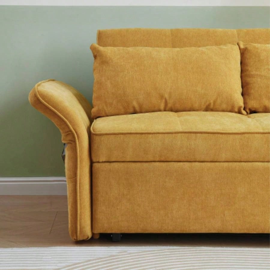VIDEO providedChenille fabric pull - out sofa bed, sleeper loveseat couch with adjustable armrests - Yellow
